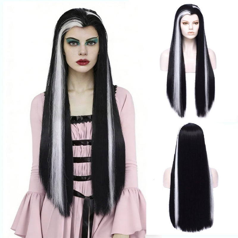 MORTICIA Long Straight Black and White Mixed Widow Peak Design Women Costume Wig - Image 1